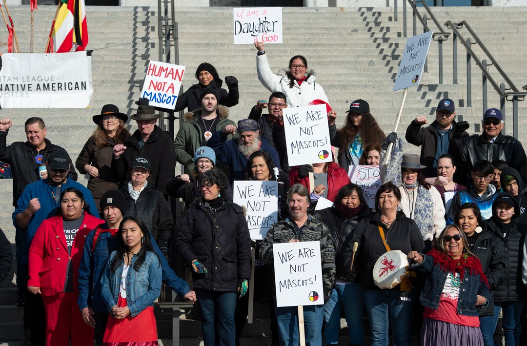 (Rick Egan  |  The Salt Lake Tribune)     Native Americans and their supporters gather on the steps of the Utah State Capitol for a rally to oppose a resolution that would discourage the removal of Native American names or symbols from school mascots, Saturday, Jan. 25, 2020.
