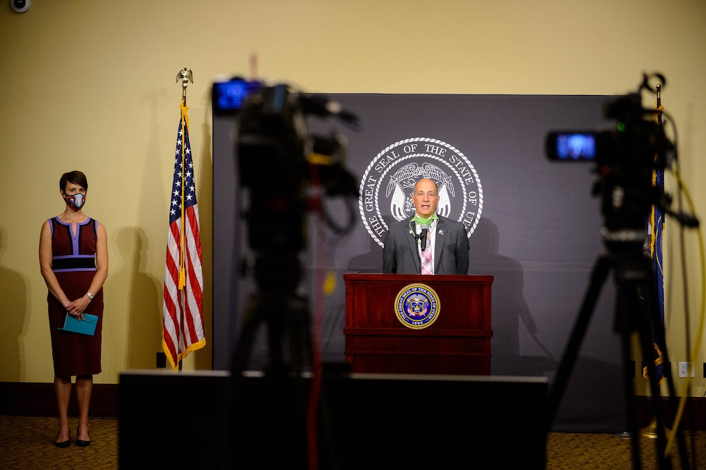 (Trent Nelson  |  The Salt Lake Tribune) Gary Harter, executive director of Utah's Department of Veterans and Military Affairs, at a news conference in Salt Lake City on Thursday, May 28, 2020. At left is Dr. Angela Dunn.