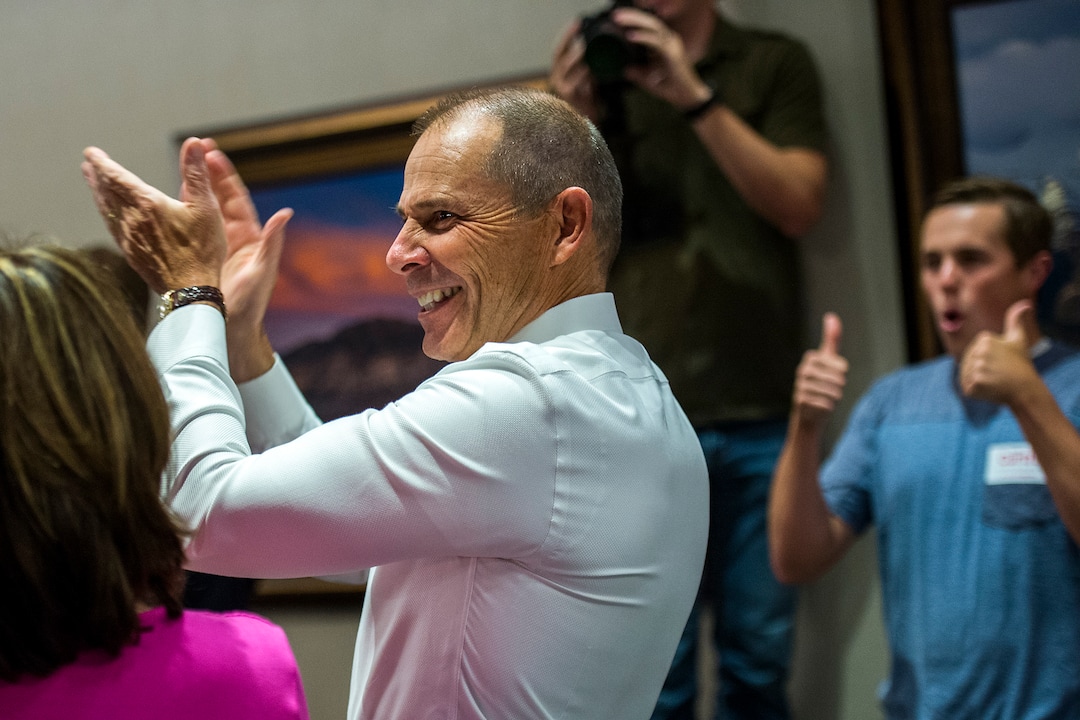 (Chris Detrick  |  The Salt Lake Tribune)  Provo Mayor John Curtis reacts while learning he is up seven points in Salt Lake County during his election night party at the Provo Marriott Hotel & Conference Center Tuesday, August 15, 2017. 