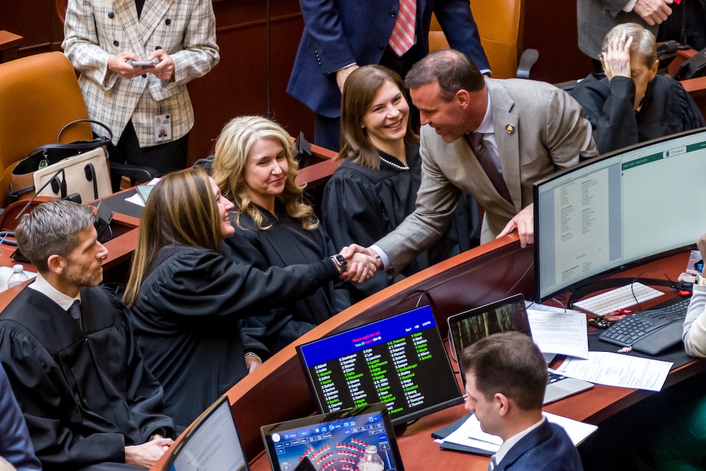 (Trent Nelson | The Salt Lake Tribune) House Speaker Mike Schultz, R-Hooper, with Utah Supreme Court Justices John Nielsen, Jill Pohlman, Diana Hagen, Paige Petersen and Chief Justice Matthew Durrant before the State of the Judiciary address in the House Chamber at the Utah Capitol in Salt Lake City on Tuesday, Jan. 20, 2026.