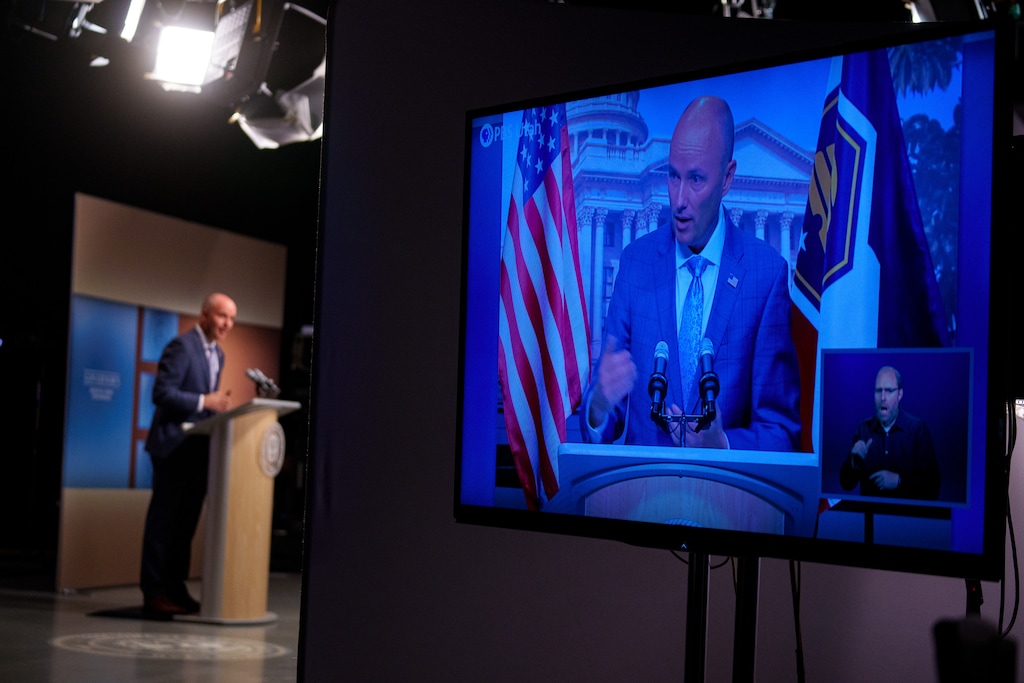 (Trent Nelson | The Salt Lake Tribune) Gov. Spencer Cox at his monthly news conference in Salt Lake City on Friday, July 19, 2024.