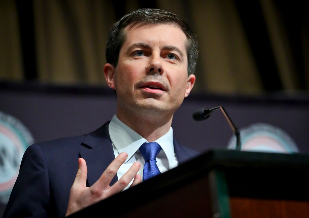 Democratic presidential candidate Pete Buttigieg, South Bend, Ind. mayor, address the National Action Network (NAN) convention, Thursday April 4, 2019, in New York. (AP Photo/Bebeto Matthews)
