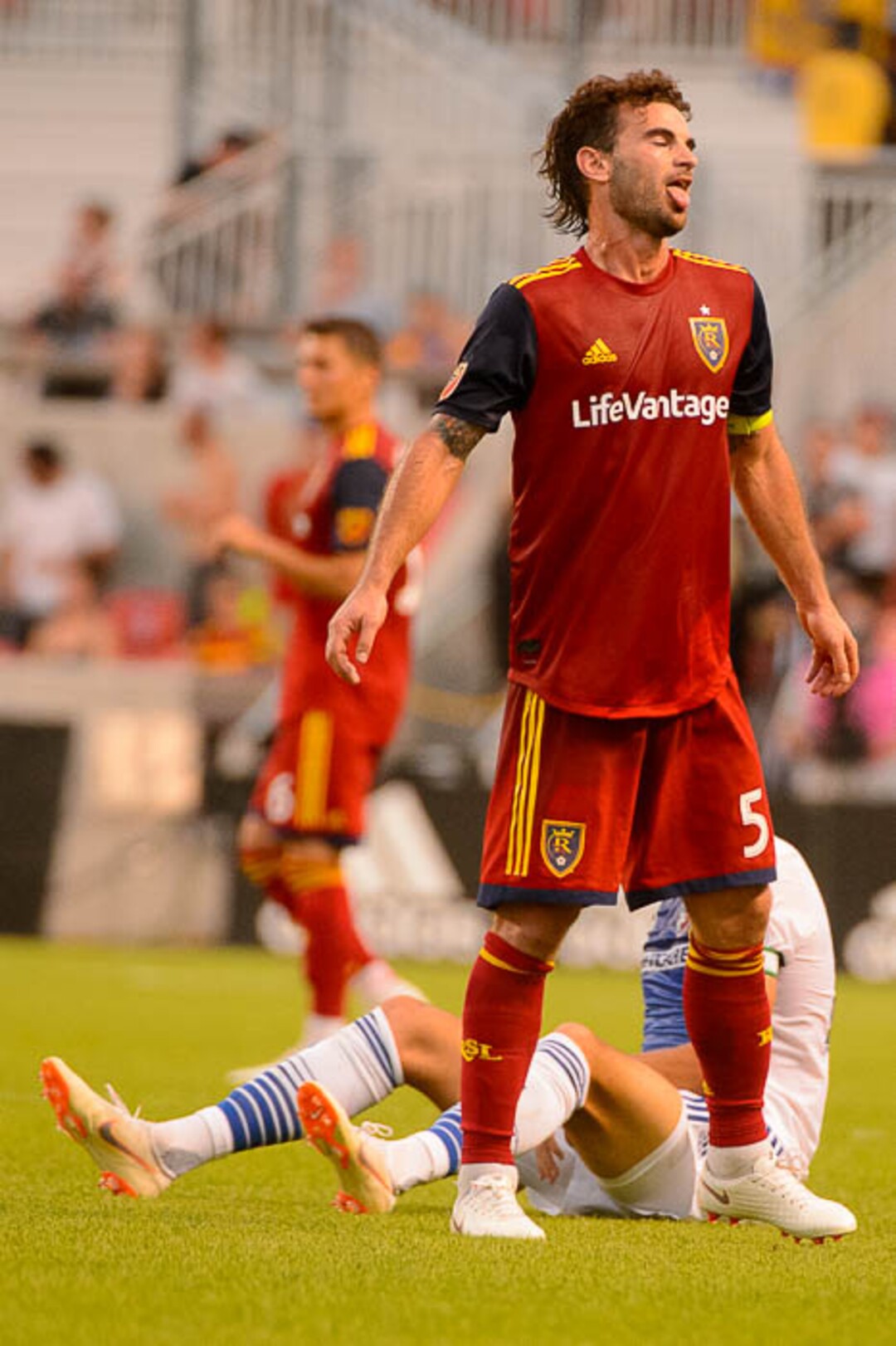(Trent Nelson | The Salt Lake Tribune)  Real Salt Lake hosts FC Dallas, MLS soccer at Rio Tinto Stadium in Sandy, Saturday July 7, 2018. Real Salt Lake midfielder Kyle Beckerman (5) reacts to a foul called.