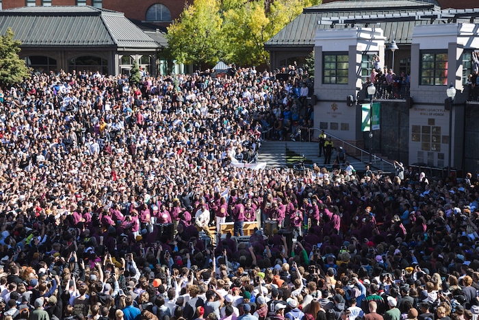 (Clark Clifford  |  Special to The Salt Lake Tribune) Thousands cram into Olympic Plaza surrounding Kanye West and his gospel choir during his Sunday Service at The Gateway in Salt Lake City on Saturday, Oct. 5, 2019.
