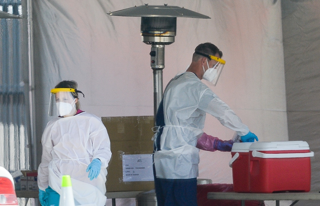 (Francisco Kjolseth | The Salt Lake Tribune) Testing for COVID-19 is performed at the Wasatch County Event Center in Heber City on Wednesday, April 22, 2020, under one of the TestUtah.com contracts the state has with Nomi Health.