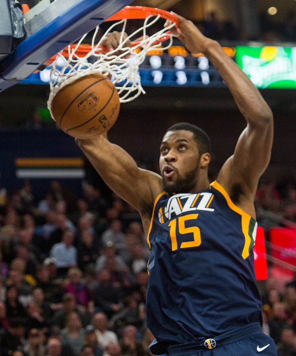 (Rick Egan  |  The Salt Lake Tribune)   Utah Jazz forward Derrick Favors (15) dunks the all, in NBA action Utah Jazz vs Cleveland Cavaliers, in Salt Lake City,  Saturday, December 30, 2017.