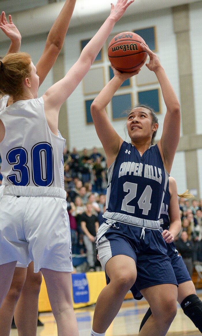 (Leah Hogsten  |  The Salt Lake Tribune)  Bingham faces Copper Hills in their semifinal game of the 6A High School Girls' Basketball Tournament at SLCC in Taylorsville, Friday, Feb. 23, 2018. 