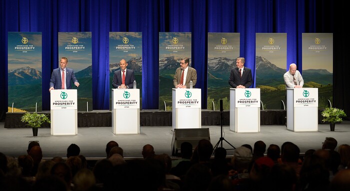 Leah Hogsten | The Salt Lake Tribune
l-r The candidates, Tanner Ainge, John Curtis, Joe Buchman, Chris Herrod and Jason Christensen fielded questions at the Covey Center for the Arts in Provo during Americans for Prosperity-Utah's 3rd congressional district candidate debate to fill Rep. Jason Chaffetz's vacancy. The primary will be held Aug. 15.