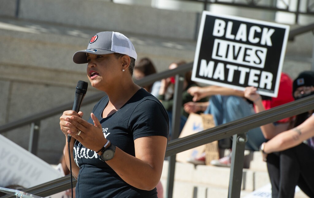 (Francisco Kjolseth  |  The Salt Lake Tribune) Lex Scott, founder of the Utah chapter of Black Lives Matter, notices all the “Make America Kind Again,” signs stating what they really should say is “make America kind for the first time,” as she speaks on the steps of the Utah Capitol.  Demonstrators gathered in Salt Lake City, uniting with Women’s March rallies happening in Washington D.C. and around the country on Saturday, Oct. 17, 2020, to signal their opposition to President Donald Trump and his agenda, including his push to fill the seat of late Supreme Court Justice Ruth Bader Ginsburg before election day.