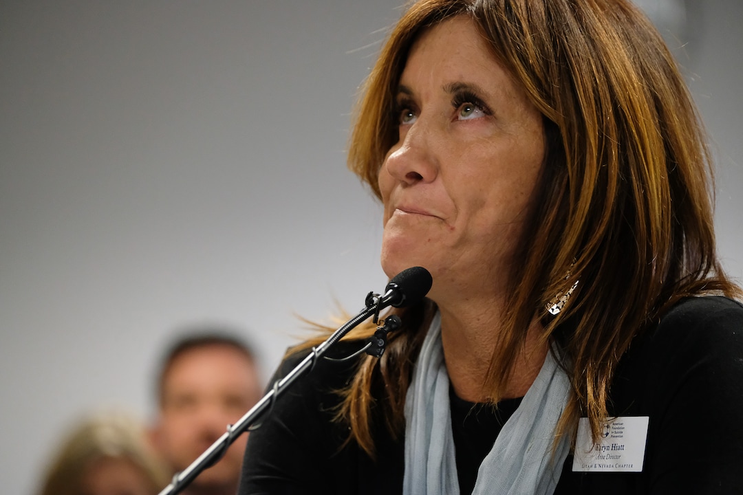 (Francisco Kjolseth  |  The Salt Lake Tribune)  Taryn Hiatt with the American Foundation for Suicide Prevention pauses for a moment as she recalls those who have died by suicide while speaking in support of a proposed ban on conversion therapy during a public hearing in Salt Lake City on Thursday, Sept. 26, 2019.