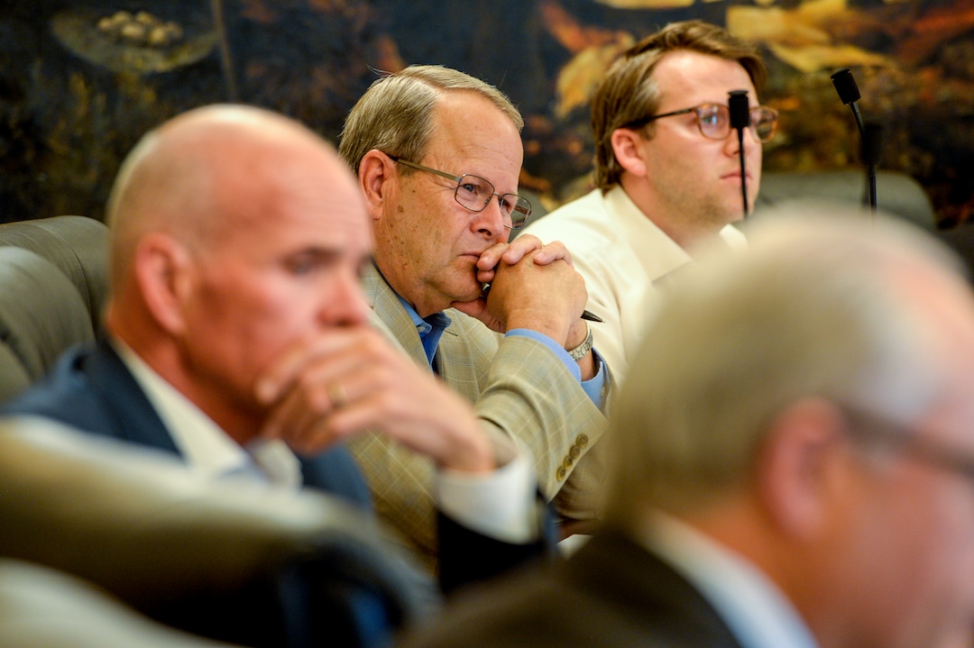 (Leah Hogsten  |  The Salt Lake Tribune) Board members listen as opponents and proponents voice their opinions during the Utah Inland Port Authority Board  meeting at the Capitol, June 5, 2019. The Inland Port Authority Board had to cancel its meeting last month after a group of protesters took over the meeting.