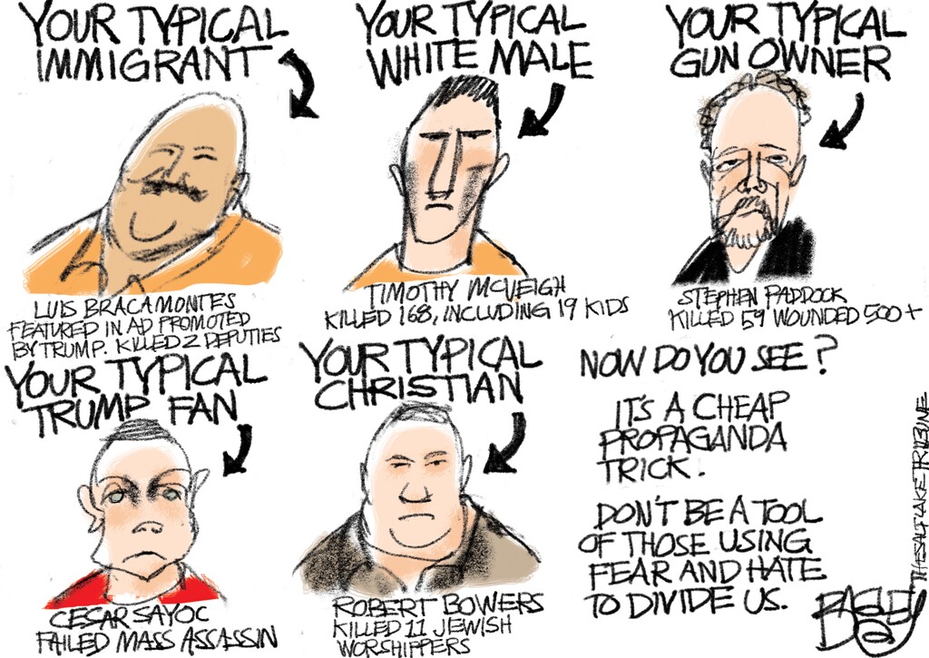 (Pat Bagley  |  The Salt Lake Tribune) This cartoon titled "Race-Baiter-Chief" appears in The Salt Lake Tribune on Sunday, Nov. 4, 2018.
