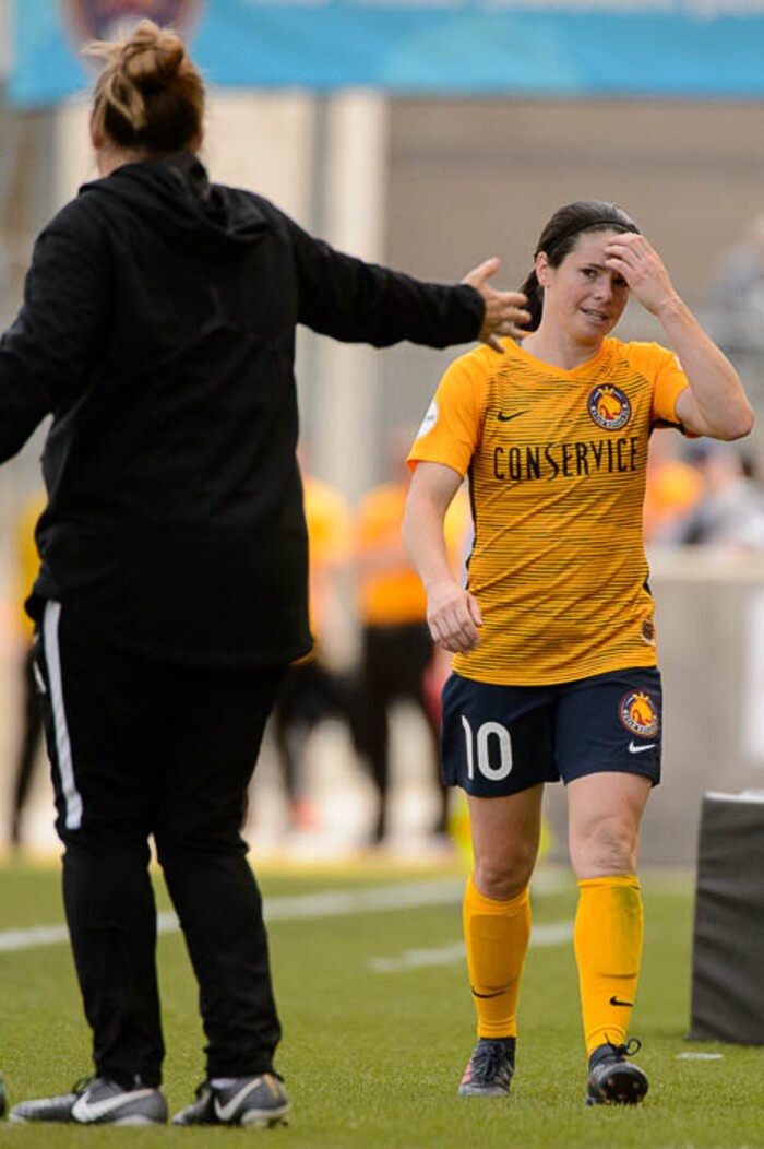 (Trent Nelson | The Salt Lake Tribune)  
Utah Royals FC hosts the Chicago Red Stars, at Rio Tinto Stadium in Sandy, Saturday April 14, 2018. Utah Royals FC midfielder Diana Matheson (10) comes out of the game.  Utah Royals head coach Laura Harvey at left.