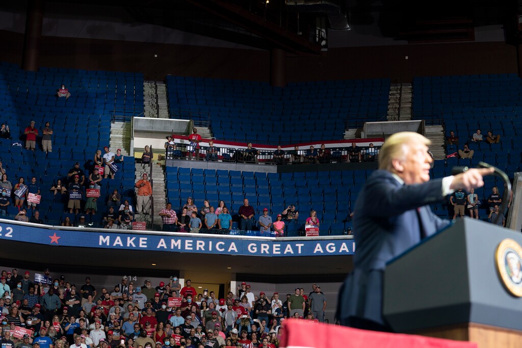 (Doug Mills | The New York Times) President Donald Trump addresses a campaign rally in Tulsa, Okla., on Saturday, June, 20, 2020. After claiming some credit for the fizzling of President Trump’s rally in Oklahoma, the online armies of Korean pop music listeners are feeling prepared and empowered.