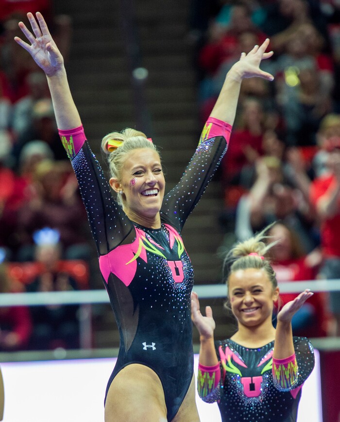 (Rick Egan  |  The Salt Lake Tribune)  MaKenna Merrell-Giles reacts after finishing her routine on the beam, in PAC-12 Gymnastics action between the Utes and The California Golden Bears, in the Jon M. Huntsman Center, in Salt Lake City, Saturday, Feb. 9, 2019. Merrell  -Giles won the All-round for the Utes.