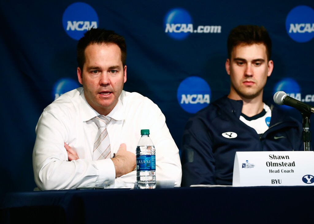 (Photo courtesy BYU) BYU Head Coach Shawn Olmstead answers questions during the press conference. The BYU Men's Volleyball defeated Long Beach State 3-1 in the Semi-Final Match of the NCAA Volleyball Championships, hosted by Penn State in University Park, Pennsylvania.