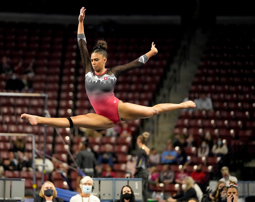 (Francisco Kjolseth | The Salt Lake Tribune) Utah’s Jaedyn Rucker performs her floor routine at the Best of Utah NCAA Gymnastics Meet at the Maverik Center in West Valley City on Friday, Jan. 7, 2022.