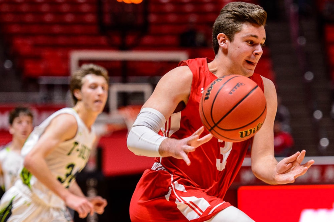 (Trent Nelson | The Salt Lake Tribune)  East vs. Timpanogos, 5A State high school basketball tournament at the Huntsman Center in Salt Lake City, Wednesday Feb. 28, 2018. East's Ben Ford (3).