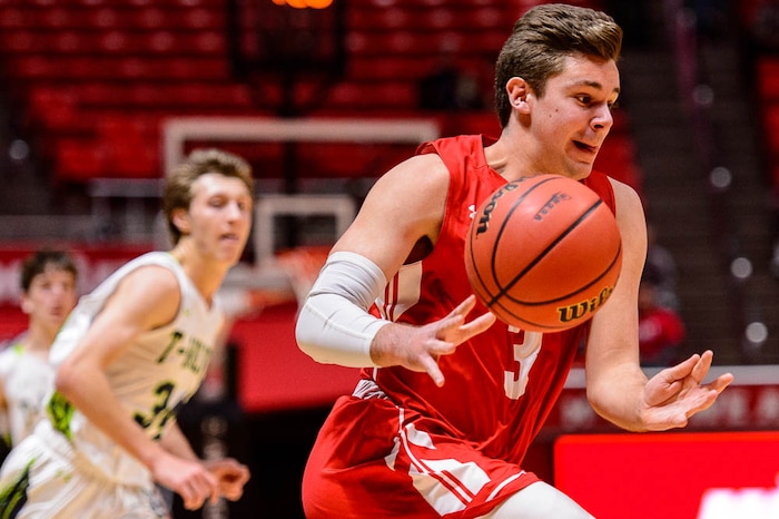 (Trent Nelson | The Salt Lake Tribune)  East vs. Timpanogos, 5A State high school basketball tournament at the Huntsman Center in Salt Lake City, Wednesday Feb. 28, 2018. East's Ben Ford (3).
