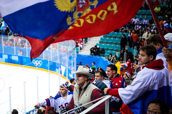 (Chris Detrick  |  The Salt Lake Tribune)  USA fans taunt Russian fans during the United States vs Olympic Athletes from Russia hockey game at Gangneung Hockey Centre during the Pyeongchang 2018 Winter Olympics Saturday, Feb. 17, 2018. Olympic Athletes from Russia defeated United States 4-0.