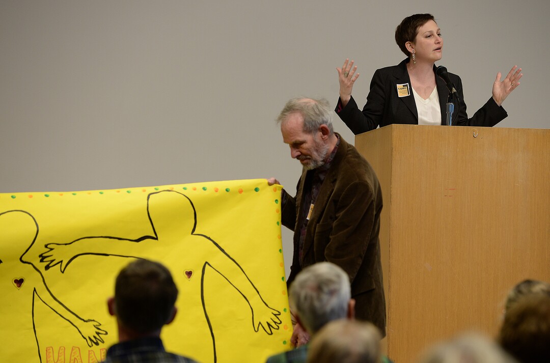 (Scott Sommerdorf   |  The Salt Lake Tribune)  Behind a banner that says "Our Hearts Are in Your Hands" Rabbi Ilana Schwartzman from Congregation Kol Ami, speaks at the "Faith & Poverty Day at the Utah Capitol, Thursday, January 25, 2018.