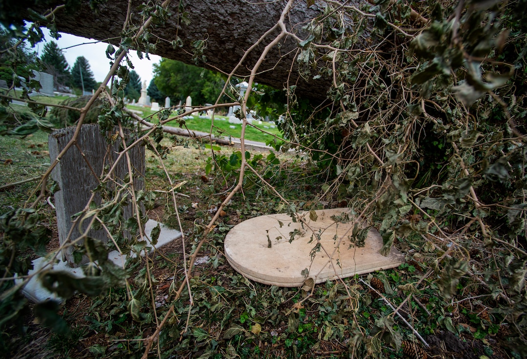 (Rick Egan  |  The Salt Lake Tribune)    Hundreds of headstones in the Salt Lake City Cemetery were damages in the recent wind storm, Friday, Sept. 18, 2020.