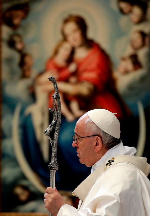 (AP Photo/Alessandra Tarantino) Pope Francis holds his pastoral staff as he celebrates a Mass for the Missionaries of Mercy, in St. Peter's Basilica at the Vatican, Tuesday, April 10, 2018.