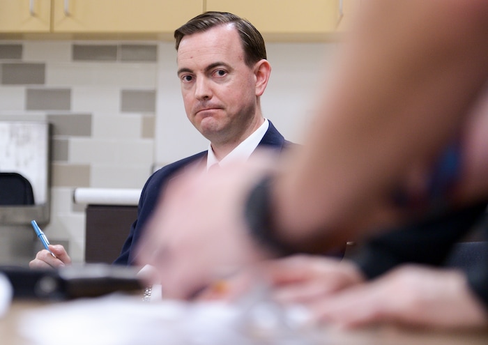 (Leah Hogsten  |  The Salt Lake Tribune)  Utah House of Representatives District 30 incumbent candidate Mike Winder reacts as votes are tallied for him over challenger Fred Cox at the Salt Lake County Republican Party
Organizing Convention at Cottonwood High School, Saturday, April 14, 2018.