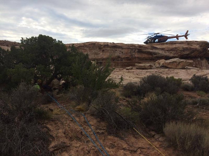 (Courtesy  |  Emery County Sheriff)  A Salt Lake County woman is recovering after being wedged in and suspended for nearly 12 hours in a narrow portion of Zero Gravity Canyon in the San Rafael Desert.