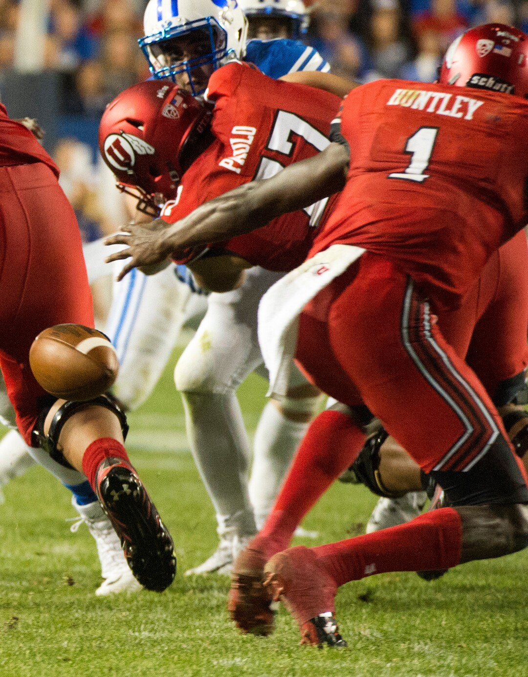 (Rick Egan  |  The Salt Lake Tribune)   Utah Utes quarterback Tyler Huntley (1) drops the ball, which was recovered by BYU, in football action BYU vs Utah, at Lavell Edwards Stadium in Provo, Saturday, September 9, 2017.