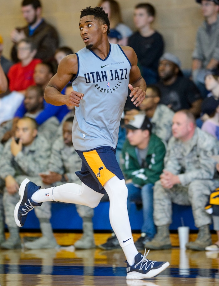 (Steve Griffin  |  The Salt Lake Tribune)    Utah Jazz guard  Donovan Mitchell runs up court as the Jazz scrimmage in the Warrior Fitness Center on Hill Air Force Base as a part of a "Hoops for Troops" promotion Ogden Friday September 29, 2017. It's also Utah's first public scrimmage of the season, and the first look at how the new pieces of the team will work together. 