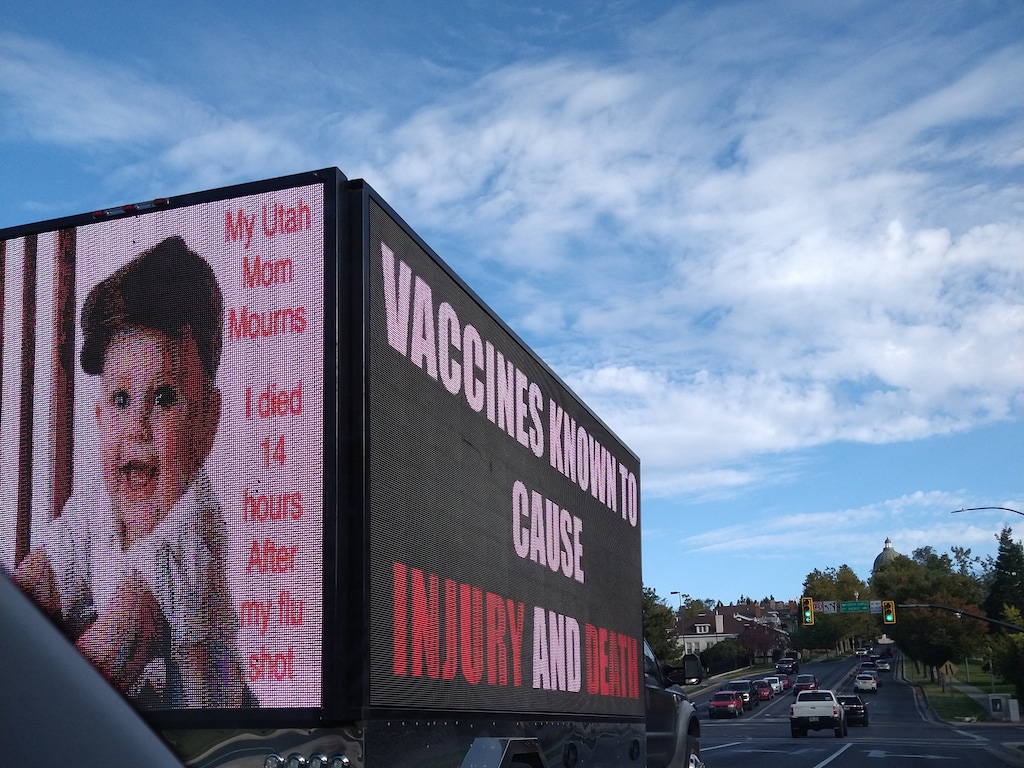(Courtesy photo) Anti-vaxxer messages were spotted on I-215 and on this truck on Oct. 8, 2020.
