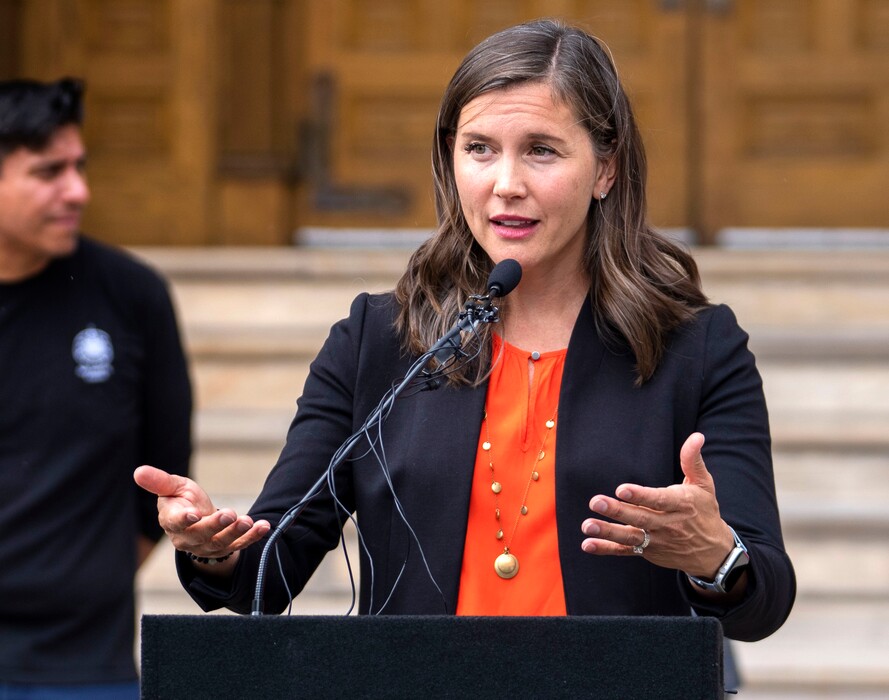 (Rick Egan | The Salt Lake Tribune)  Salt Lake City Mayor Erin Mendenhall discusses the plans for winter overflow shelters and and transitional housing, during a news conference at City Hall, on Tuesday, Sept. 13, 2022.