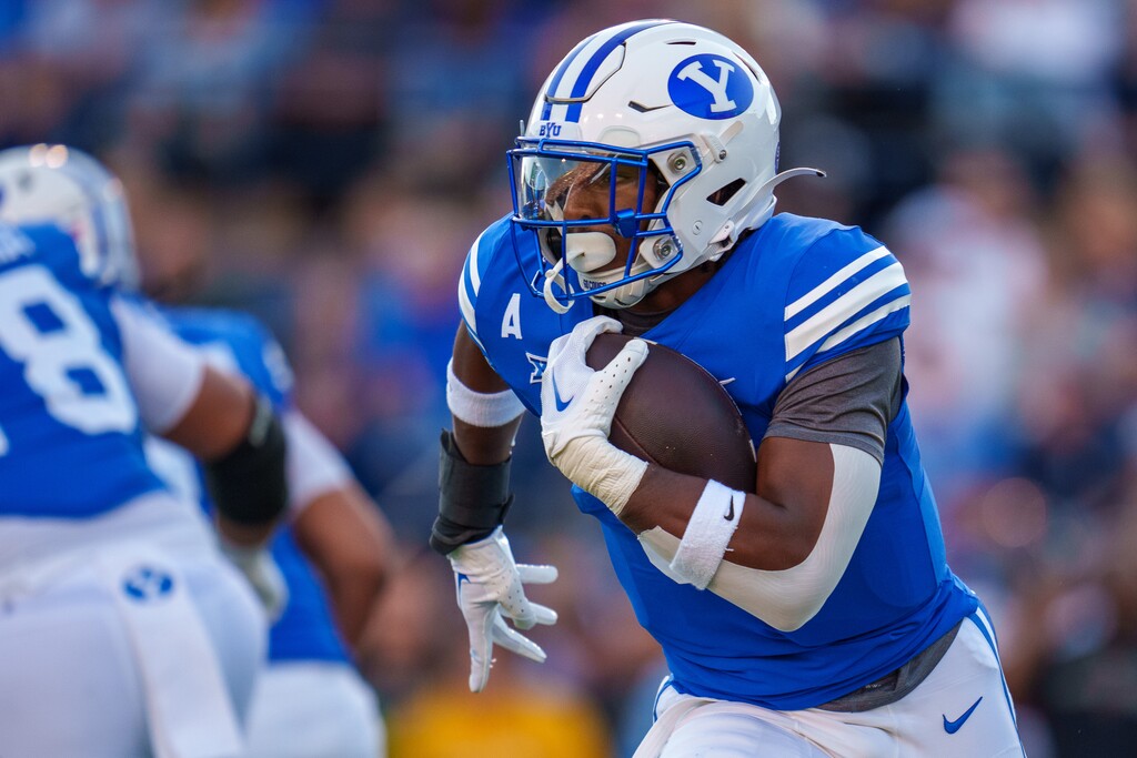 (Trent Nelson  |  The Salt Lake Tribune) Brigham Young Cougars running back Aidan Robbins (3) as BYU hosts Texas Tech, NCAA football in Provo on Saturday, Oct. 21, 2023.