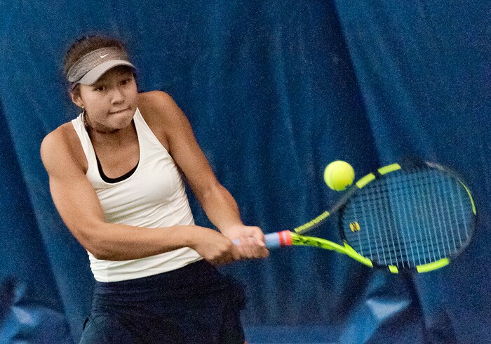 Michael Mangum  |  Special to the TribuneRidgeline High School's Naya Tillit hits a backhand shot during the Utah high school state tennis finals at the Salt Lake Tennis & Health Club in Salt Lake City on Saturday, September 30, 2017. Tillit defeated Park City's Livi Rockwood for the 4A 1st singles state championship.