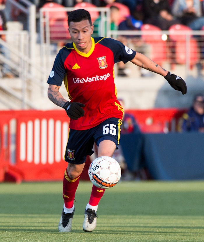 (Rick Egan  |  The Salt Lake Tribune)     Real Monarchs midfielder Sebastián Velásquez (55), in soccer action between the Real Monarchs and Las Vegas Lights FC at the new Zions Bank Stadium in, Herriman, Monday, April 30, 2018.


