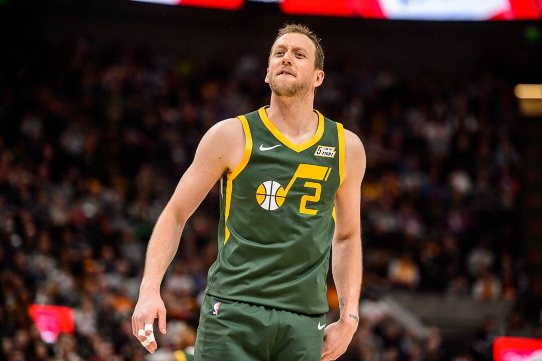 (Trent Nelson | The Salt Lake Tribune)  Utah Jazz forward Joe Ingles (2) complains to officials early in the first quarter as the Utah Jazz host the Milwaukee Bucks, NBA basketball in Salt Lake City on Saturday March 2, 2019.