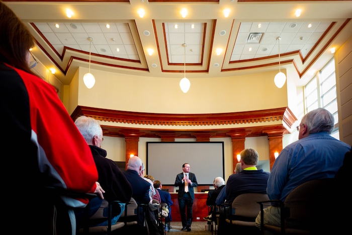 (Trent Nelson  |  The Salt Lake Tribune) Sen. Mike Lee answers questions at a town hall in Draper on Wednesday, Feb. 19, 2020.