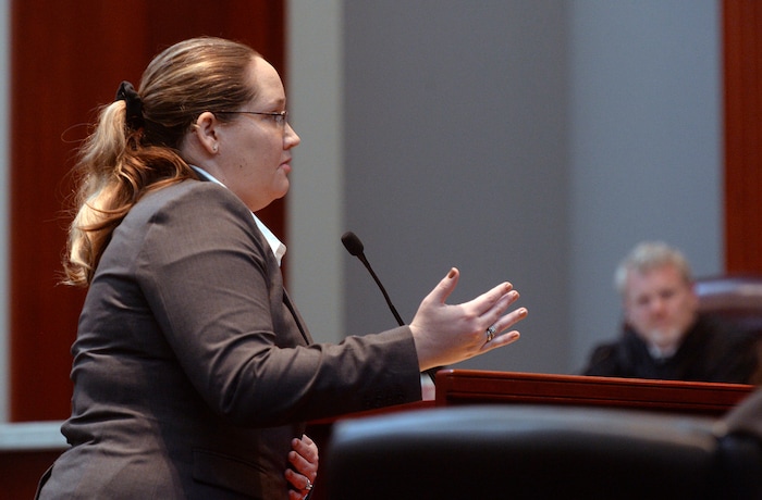 (Al Hartmann  |  The Salt Lake Tribune) 	
Federal public defender Charlotte Merrill, left, argues before the Utah Supreme Court Wednesday Jan. 10. 	The court heard arguments regarding Anthony Michael Archuleta, 55, who has been on death row since his conviction in 1989 for the Nov. 21, 1988, torture slaying of Gordon Ray Church, a 28-year-old Southern Utah State College theater student, at a remote location in Millard County. In separate trials, Archuleta and co-defendant Lance Conway Wood each were convicted of capital murder. Wood was sentenced to life in prison. Archuleta was sentenced to death. 