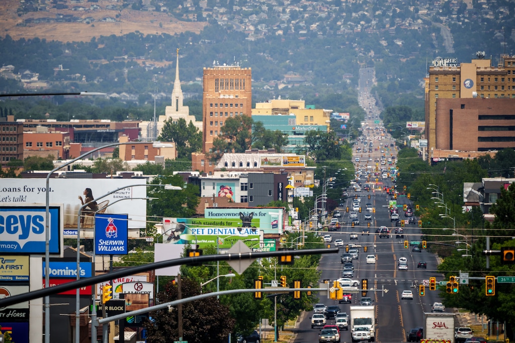 (Trent Nelson | The Salt Lake Tribune) Downtown Ogden and Washington Blvd, on Thursday, Aug. 4, 2022. Ogden is a participant in the Utah Community Renewable Energy Agency, but it may be leaving the group.