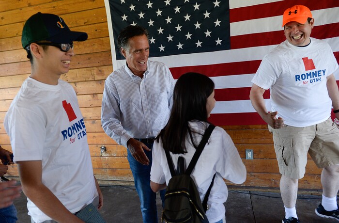 (Francisco Kjolseth | The Salt Lake Tribune) The Romney campaign hosts "Mondays With Mitt" at Veterans Memorial Park in West Jordan on Monday, June 18, 2018 as senate candidate Mitt Romney visits with supporters and takes a few questions with the dozens gathered at the park.