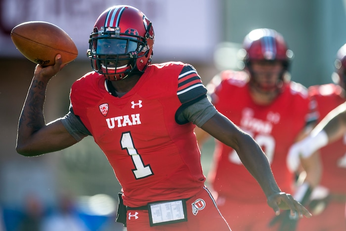 (Chris Detrick  |  The Salt Lake Tribune)  Utah Utes quarterback Tyler Huntley (1) throws the ball during the game at Rice-Eccles Stadium Saturday, October 21, 2017.  Arizona State Sun Devils defeated Utah Utes 30-10.