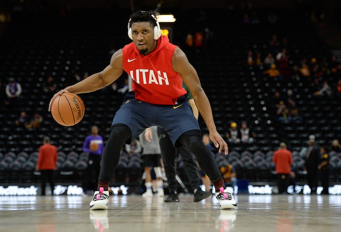 (Francisco Kjolseth  |  The Salt Lake Tribune)  Utah Jazz guard Donovan Mitchell (45) warms up before the Sacramento Kings NBA game at Vivint Smart Home Arena Wed., Nov. 21, 2018, in Salt Lake City.