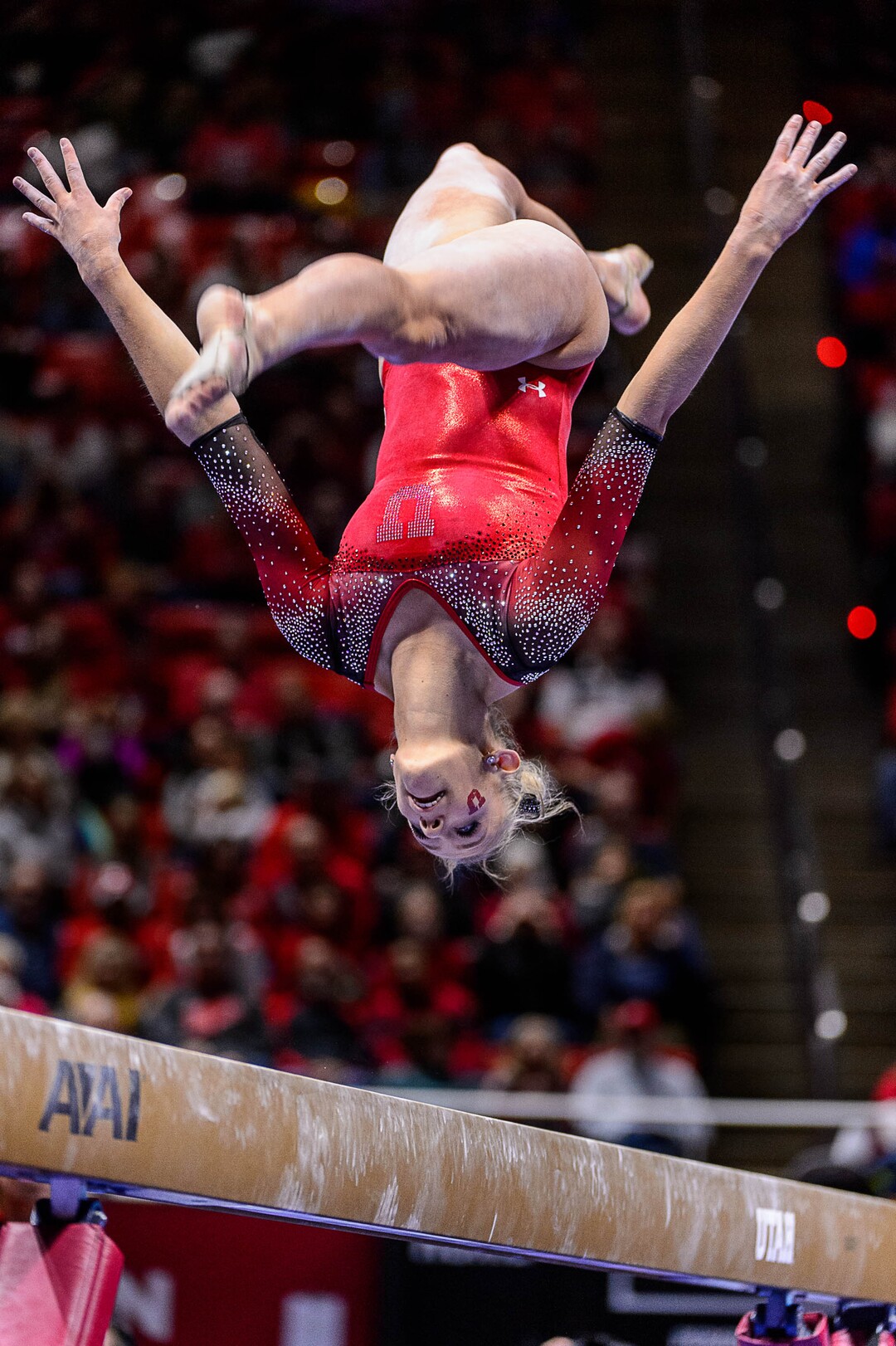 Trent Nelson  |  The Salt Lake TribuneMaKenna Merrell on the beam as the University of Utah hosts Michigan, NCAA gymnastics at the Huntsman Center in Salt Lake City, Saturday January 7, 2017.