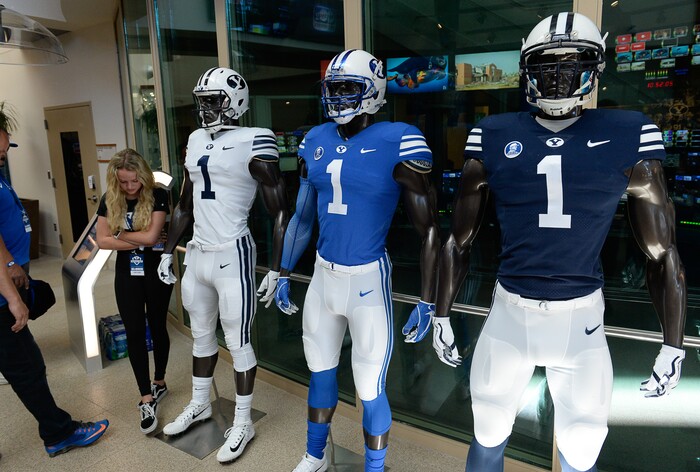 (Francisco Kjolseth  |  The Salt Lake Tribune)  New uniforms are on display as BYU hosts their eighth-annual football media day at the BYU-Broadcasting Building on Friday, June 22, 2018.