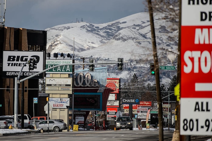 (Trent Nelson | The Salt Lake Tribune)
Businesses along Highland Drive in Millcreek on Monday Dec. 3, 2018. The newly incorporated city of Millcreek is pushing on all fronts to create a new downtown center, including designating large swathes of land along its stretch of Highland Drive as "blighted" so it can use eminent domain to condemn and improve private properties if it wants.
