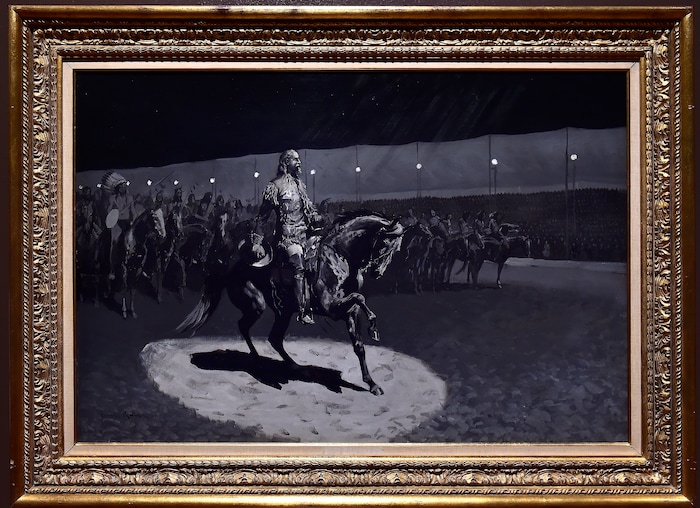 (Scott Sommerdorf | The Salt Lake Tribune)
Frederic Remington's uniquely desaturated "Buffalo Bill in the Limelight" - 1899 is part of the Utah Museum of Fine Art's new special exhibit of the touring show "Go West!" - Art of the American Frontier from the Buffalo Bill Center of the West, Wednesday, November 29, 2017.
The exhibit opens to the public on Sunday, Dec 3.