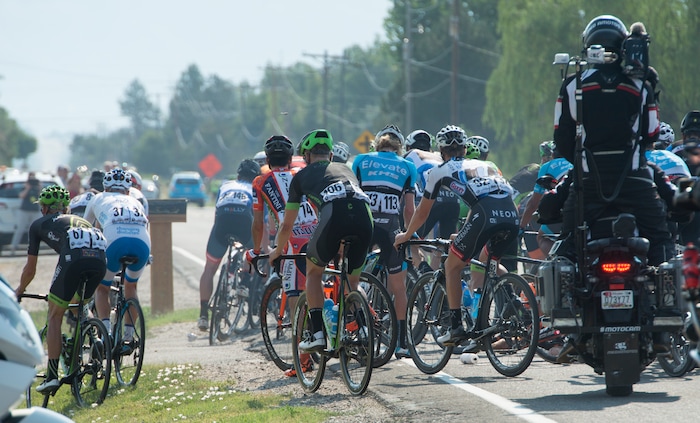 (Rick Egan  |  The Salt Lake Tribune)  Riders try to steer around a crash near Hooper, in the Tour of Utah Stage 5, Friday, August 4, 2017.


