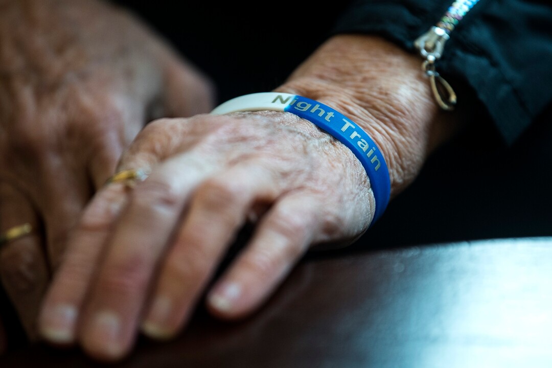(Chris Detrick  |  The Salt Lake Tribune)  Jean Schaefer wears a 'Night Train' bracelet while talking about her son Steven Holcomb during an interview at the Pyeongchang 2018 Winter Olympics Monday, Feb. 19, 2018. Night Train was the name of Holcomb's four-man bobsled. 