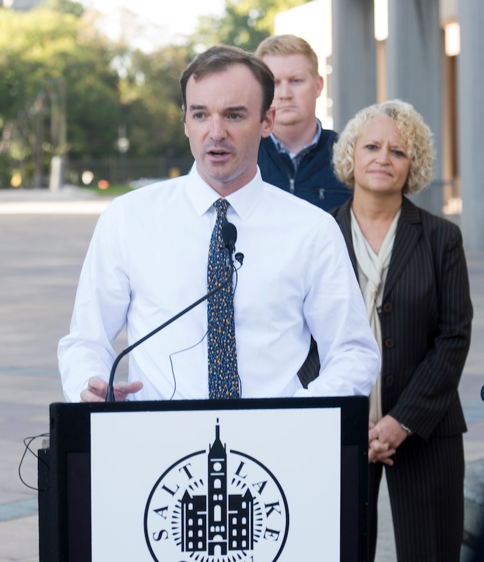 (Rick Egan  |  The Salt Lake Tribune)      Sam Reed, director of government relations central region for Bird, speaks at a news conference, along with Salt Lake City mayor Jackie as Salt Lake City launches a new campaign with e-scooter companies Lime and Bird in an effort to help residents and visitors understand the rules of the sidewalk, Wednesday, Oct. 3, 2018.


